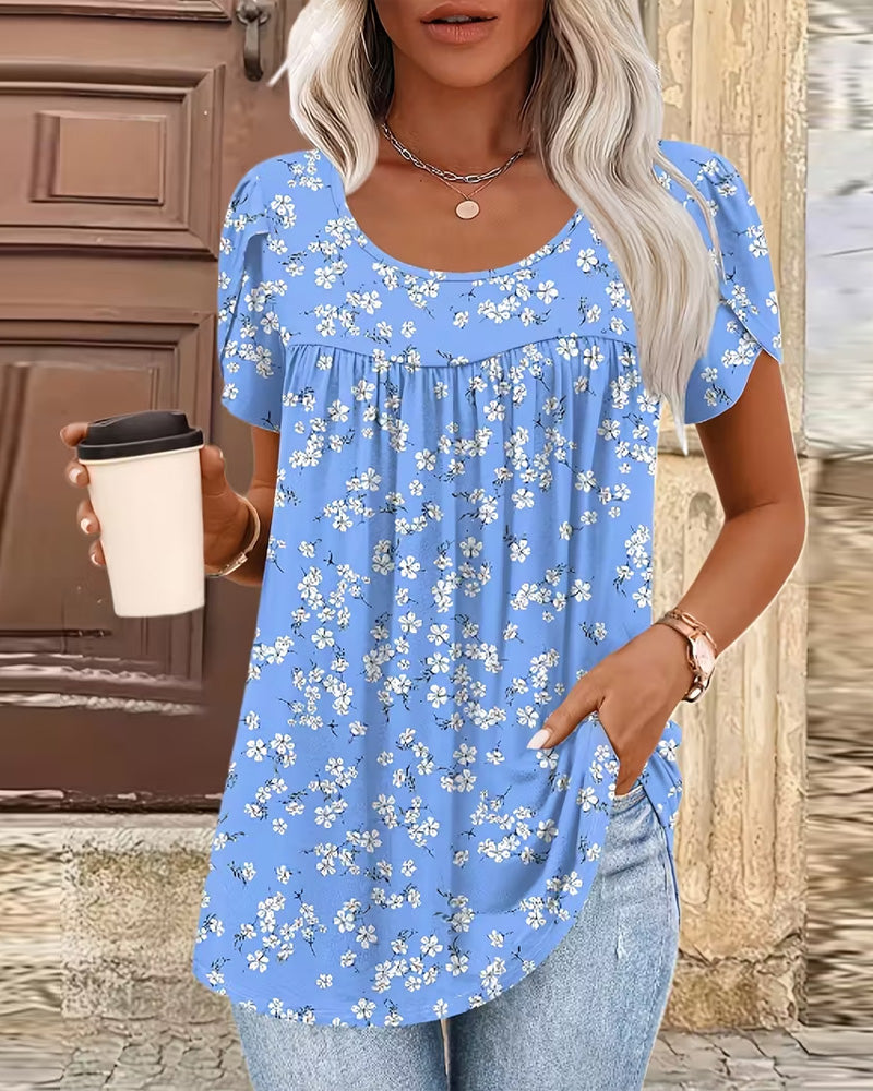Blus Småblommig Tryck Rund Hals Kortärmad