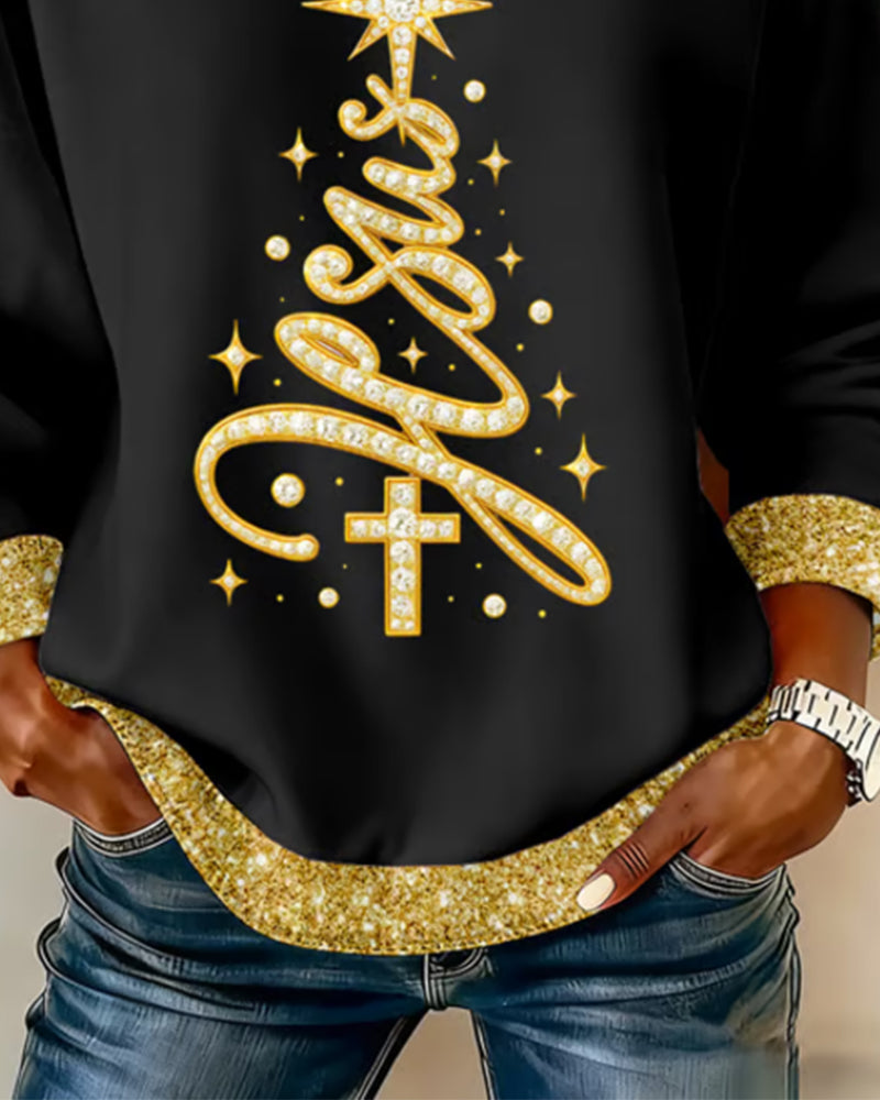 Tryckt Hoodie Med Julgran Och Rund Halsringning