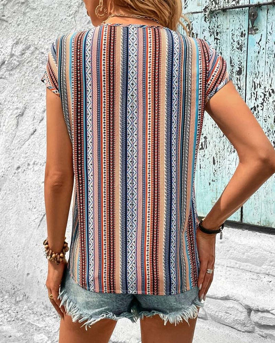 T-Shirt Färgglad Tryckt Spets V-Ringad