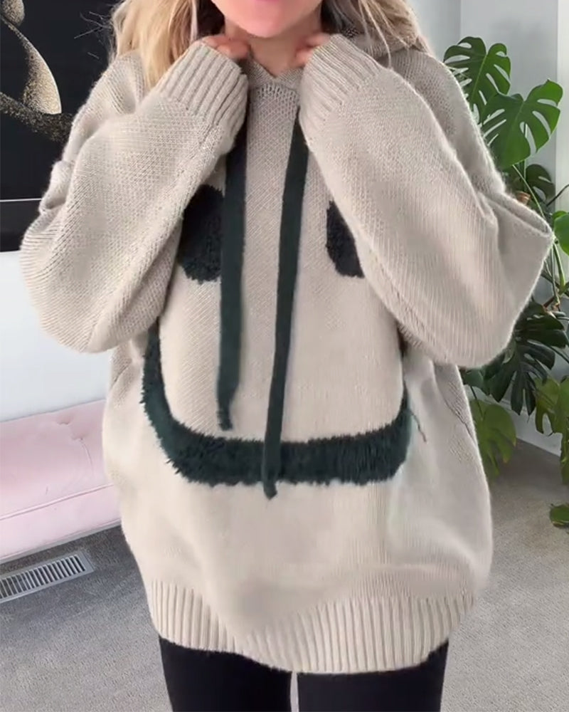 Tröja med smiley-motiv och lös luva