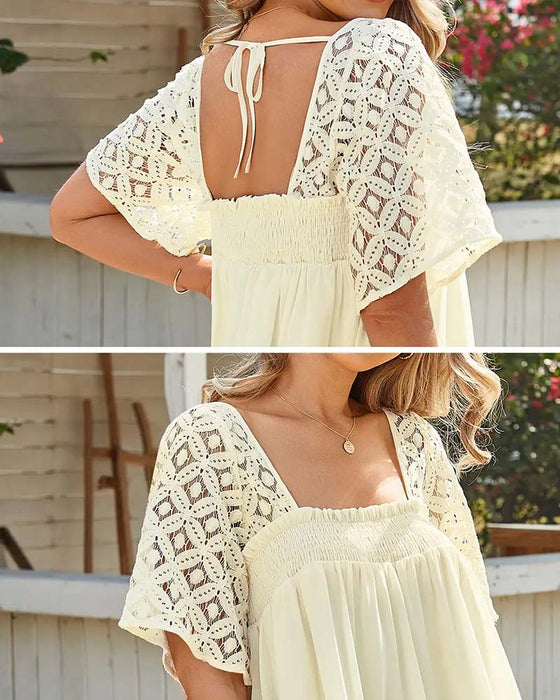 Klädning Fyrkantig Hals Spets Patchwork Solid
