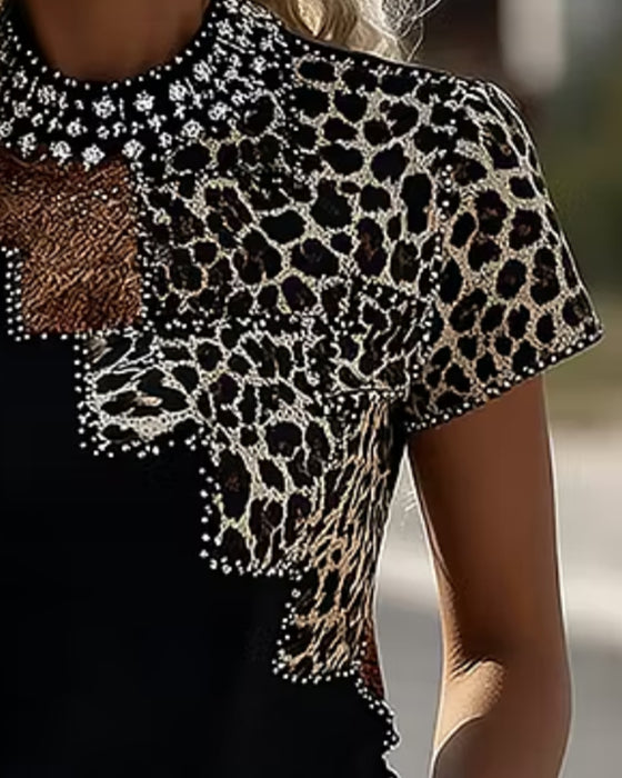 T-Tröja Leopardlapptäcke Mockneck Kortärmad