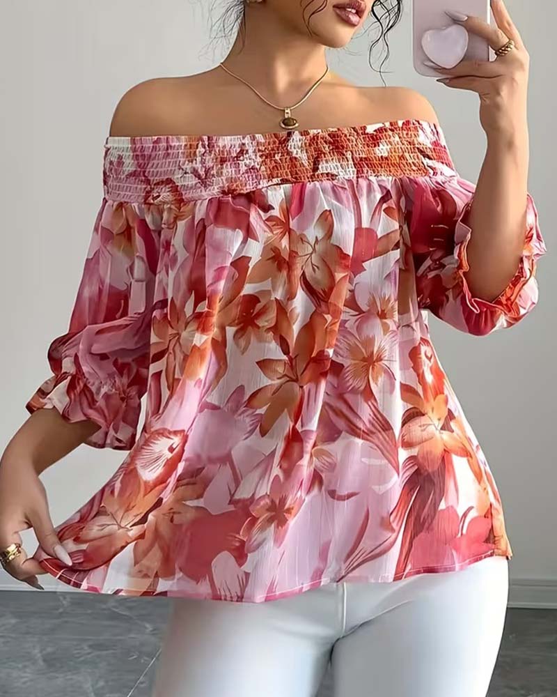 Blus Off-Shoulder Tryck Bubbel Ärm