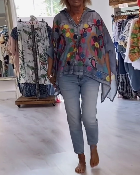 Blus Oregelbunden Print Falsk denim