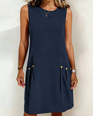 Klänning Bomull Och Linne Ärmlös Knapp