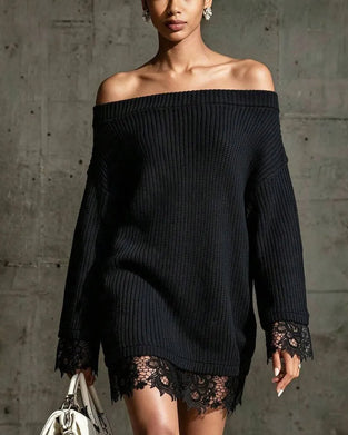 Tröjklänning Off-Shoulder Ribbad Spets Patchwork