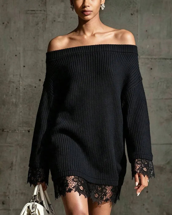 Tröjklänning Off-Shoulder Ribbad Spets Patchwork