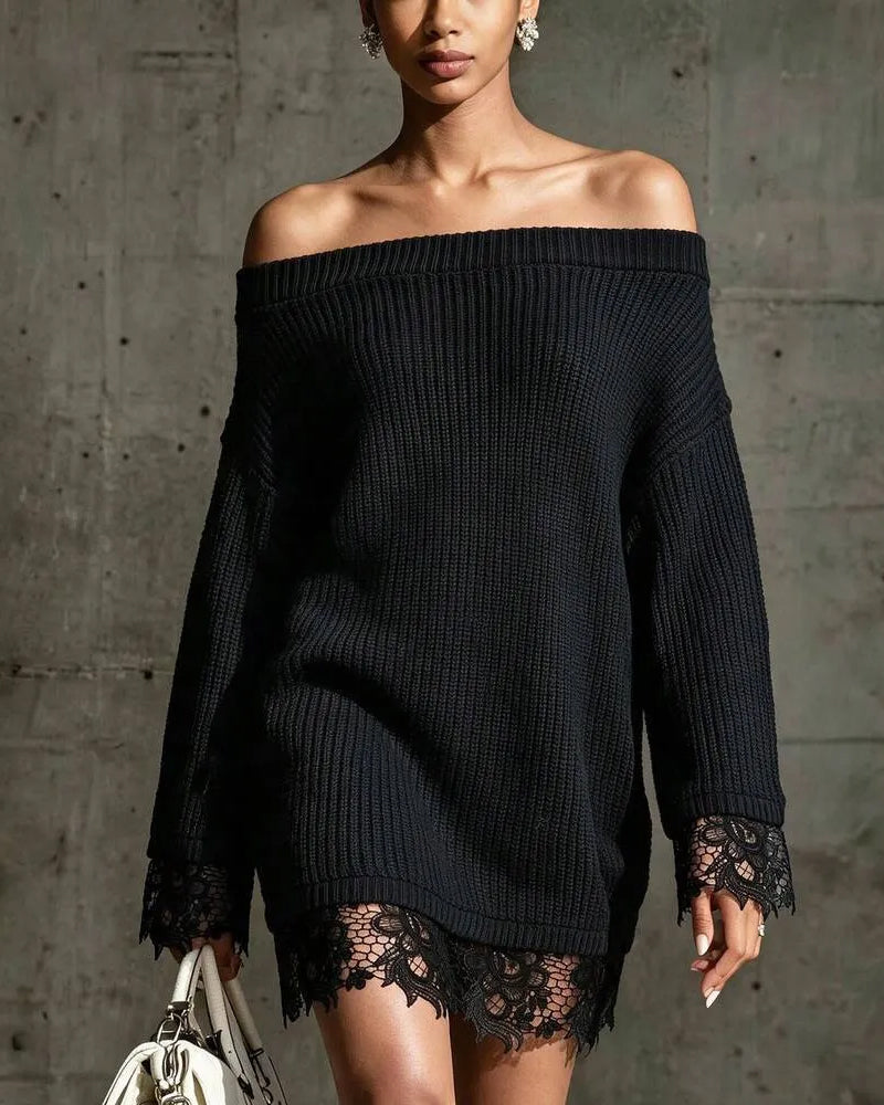 Tröjklänning Off-Shoulder Ribbad Spets Patchwork