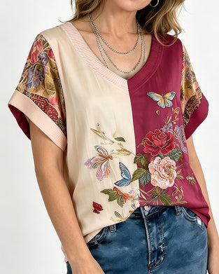 Blus V-Hals Asymmetrisk Patchwork Blommig
