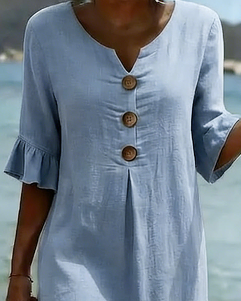 Klänning Knapp Rynkad Ärm 100% Bomull