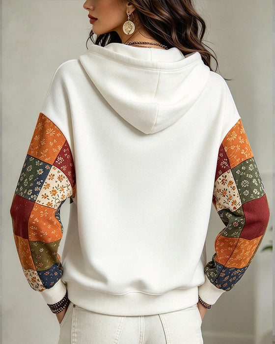 Hoodie Patchwork Tryck Huvförsedd