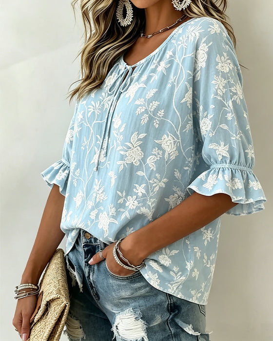 Blus Knytning Ruffle Tryck