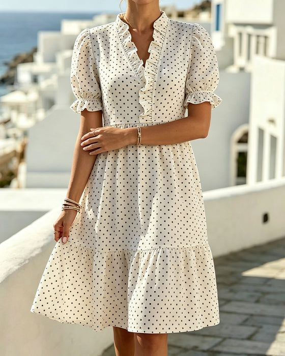 Klädning V-Hals Spets Trim Polka Dot