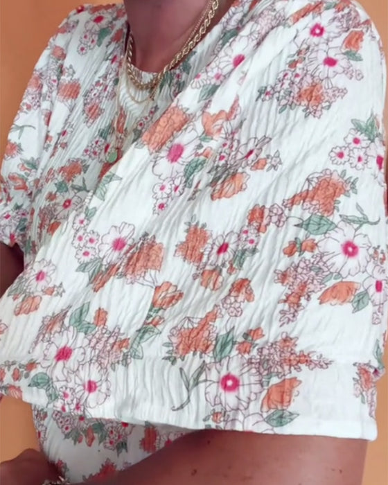 Blus Rund Halsringning Blommig Kort Ärm