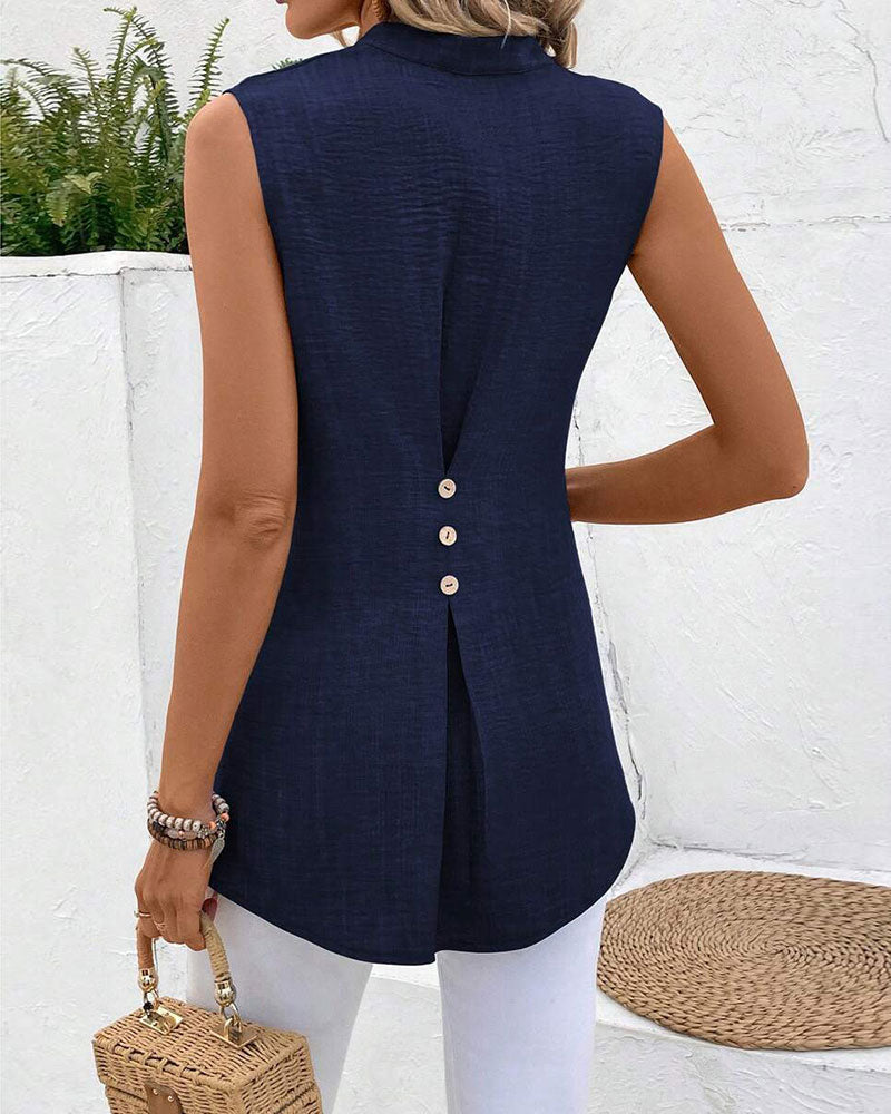 Linne Mandarin Krage Bak Slits Knapp Ärmlös