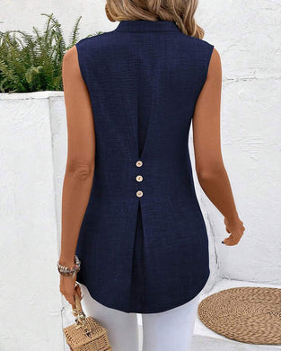 Linne Mandarin Krage Bak Slits Knapp Ärmlös