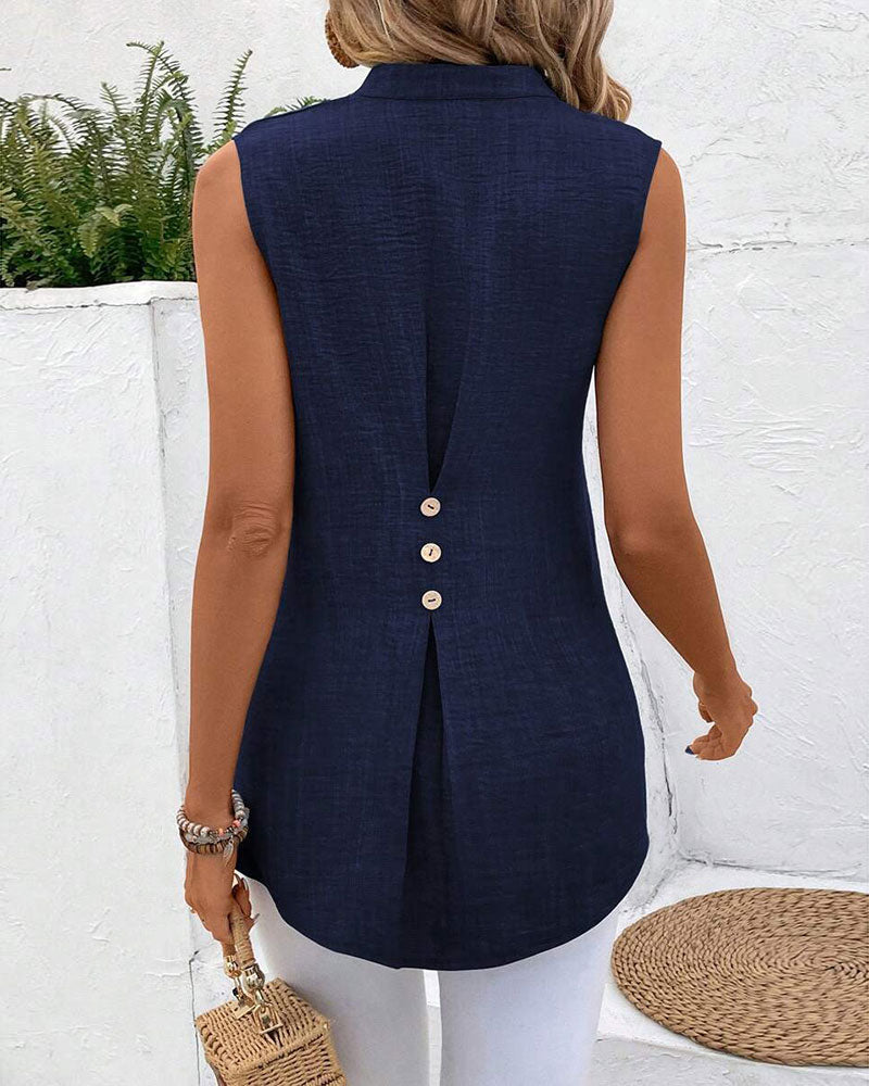 Linne Mandarin Krage Bak Slits Knapp Ärmlös