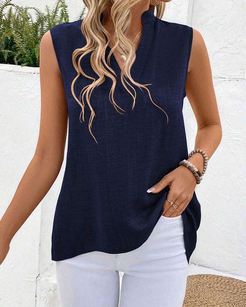 Linne Mandarin Krage Bak Slits Knapp Ärmlös