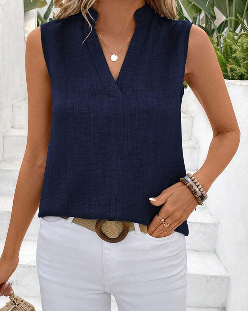 Linne Mandarin Krage Bak Slits Knapp Ärmlös