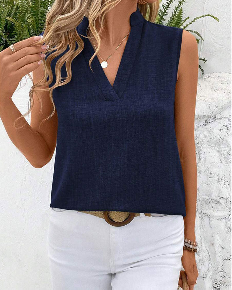 Linne Mandarin Krage Bak Slits Knapp Ärmlös