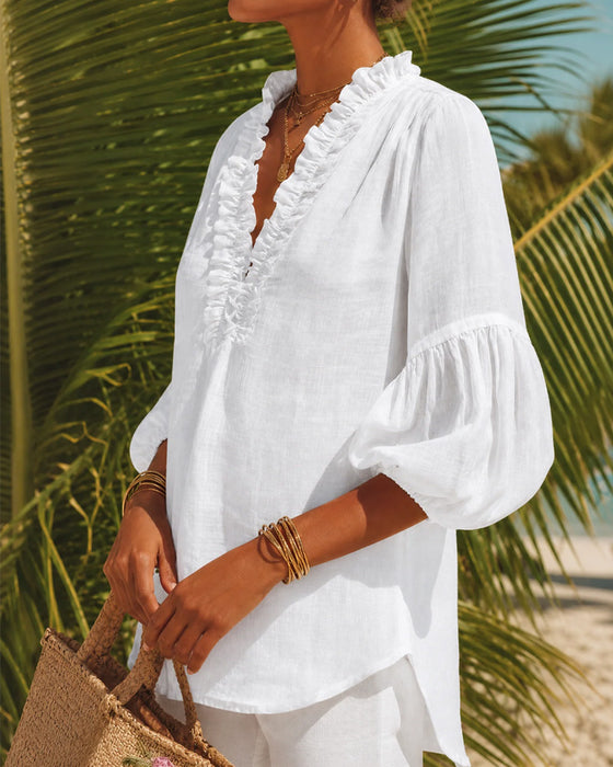 Blus Ruffle Kant Puffärm V-Hals