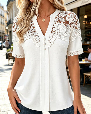 Blus Spets Patchwork V-Hals 3D Blommig