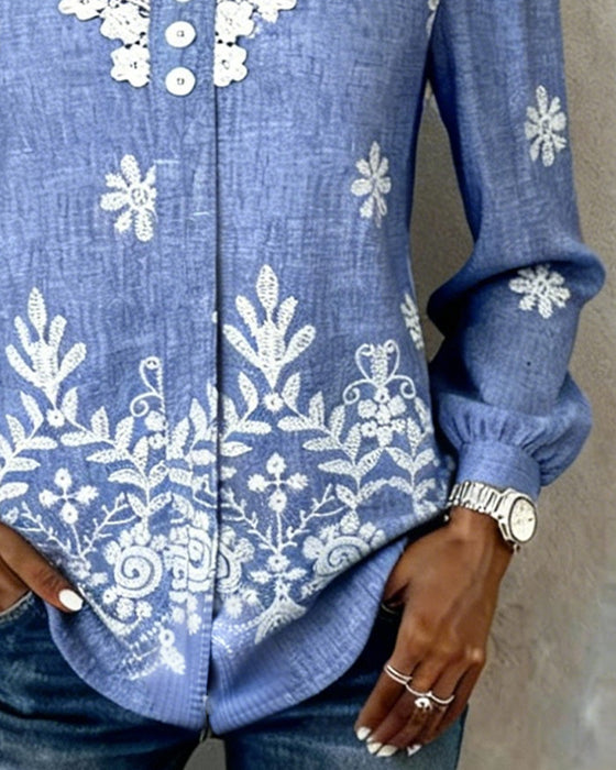 Skjort Puckad Ärm Broderi Spetskant