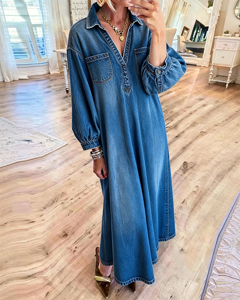 Klänning Denim Skjorta Stil Maxi