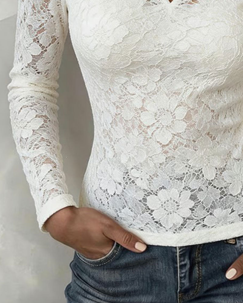Topp Liten Turtleneck Hålig Spets Slim-Fit
