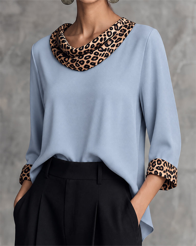 Blus Leopard Panel Cowl Neck Armbågslång Ärm
