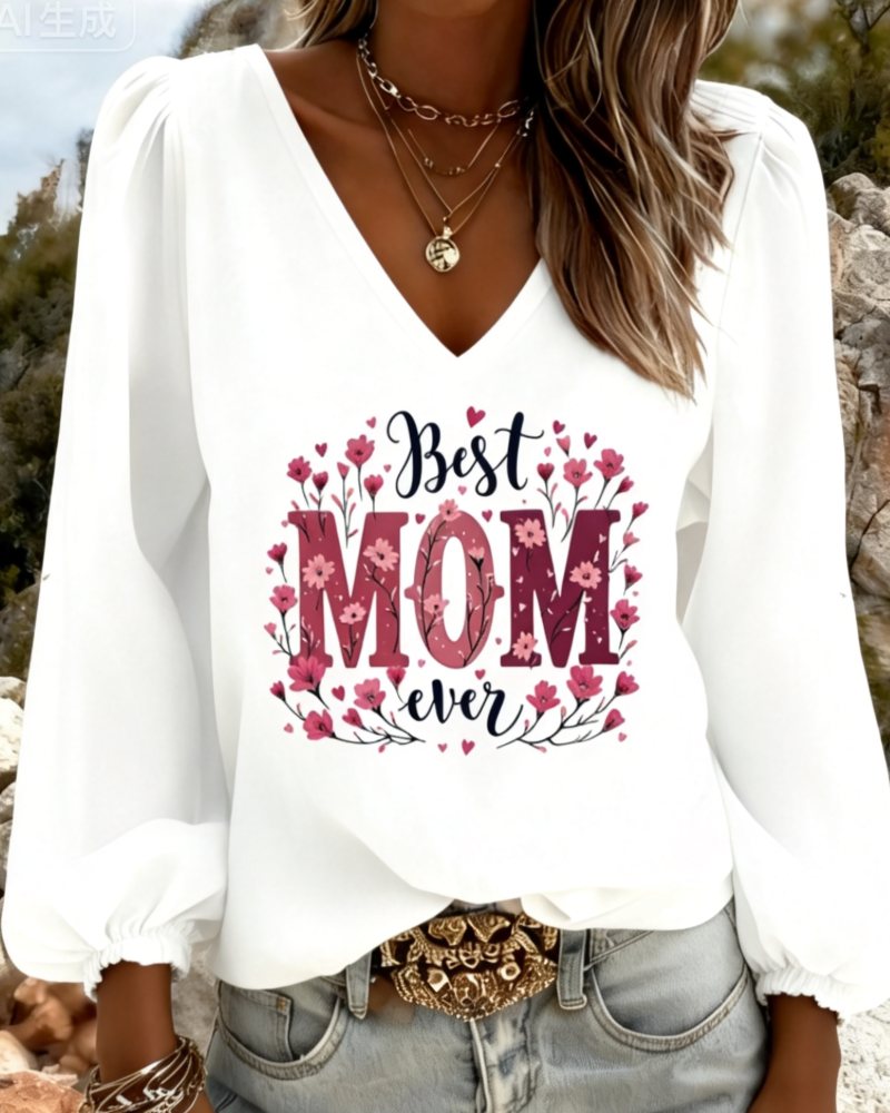 Blus V-Hals Lykta Ärm Tryck