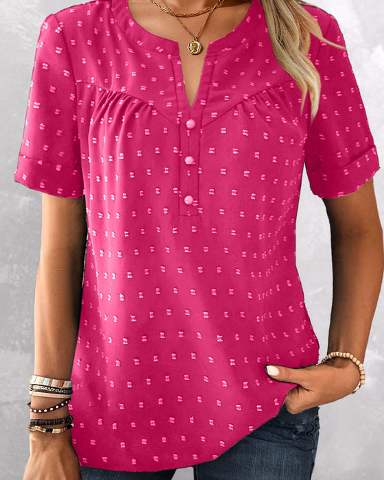 Blus Jacquard V-Hals Halvknäppning Kort Ärm