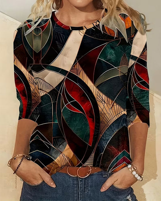 Topp Rund Halsringning Casual Tryckt Långärmad