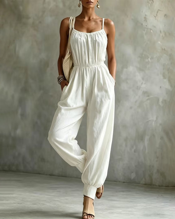 Jumpsuit Spagettiband Veckad Midjeknyt Bred Ben