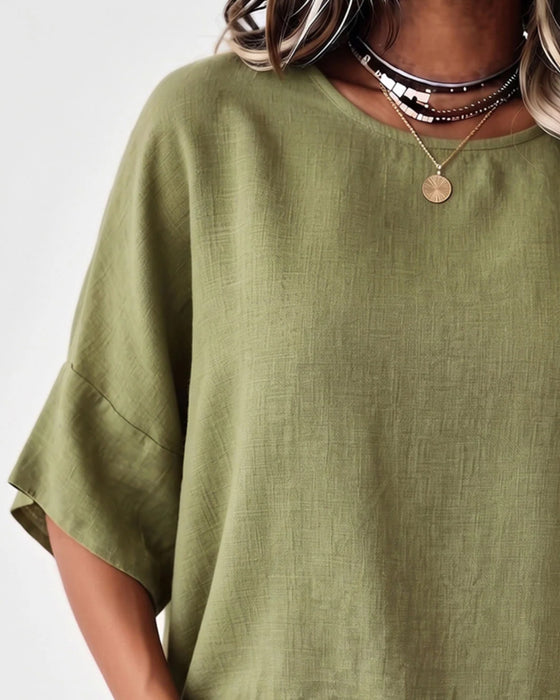Blus Rundhals Fringe Armbågslång Ärm Solid