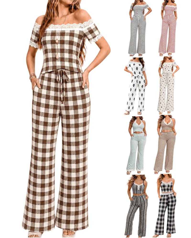 Set Off-Shoulder Spetskant Rand Bred Ben Byxor