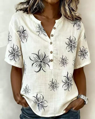 Blouse Crew Neck Knappslå Blommig Casual