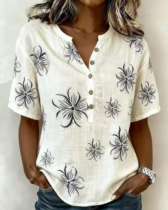 Blouse Crew Neck Knappslå Blommig Casual
