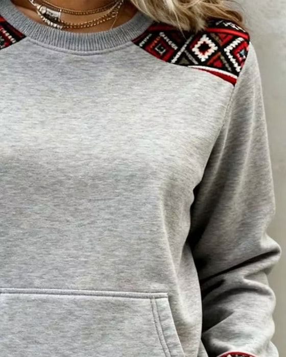 Sweatshirt Rund Hals Argyle Färgblock Ficka