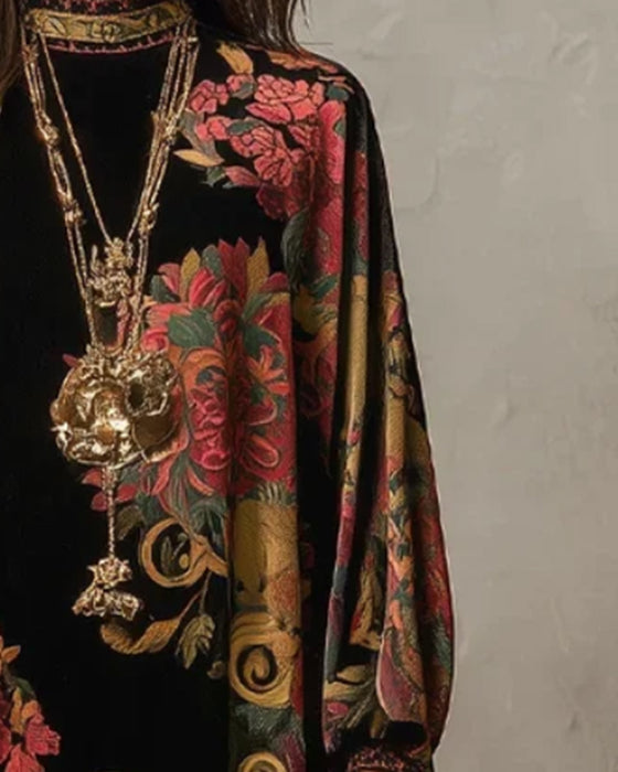 Klänning Mock-Neck Floral Velvet Långärmad Maxi