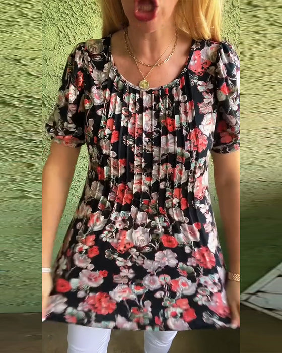 Blus Rund hals Puckad ärm Veckad Blommig