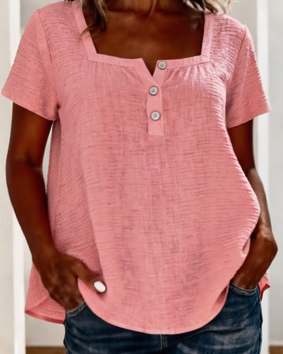 T-Shirt Texturerad Fyrkantig Hals Kort Ärm