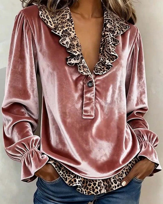 Blus V-Hals Leopard Tryck Ruffle Ärm