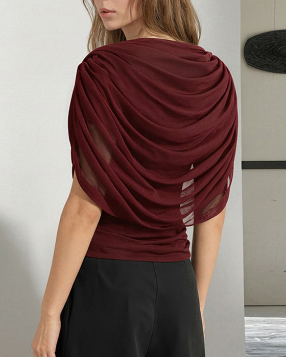 Blouse Mesh Scarf Hals Draped Slim Fit