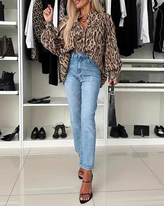 Långärmad Leopardtryck Blus