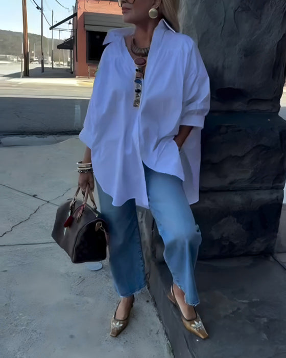 Skjorta Mode Lös Passform Kragad