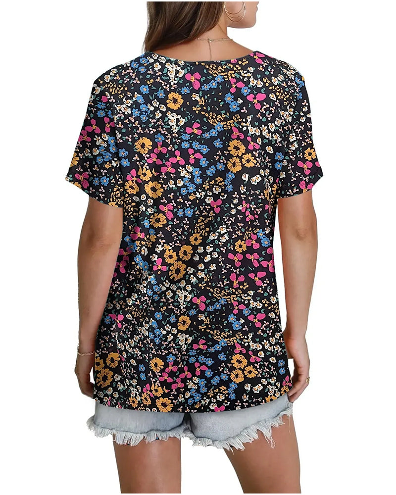 Blus Blommig V-Ringad Kortärmad