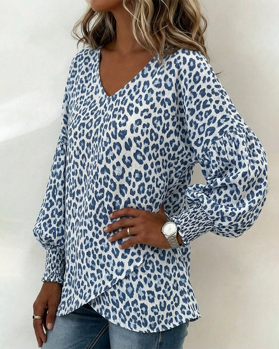 Topp Leopard Lantern-Ärm V-Hals