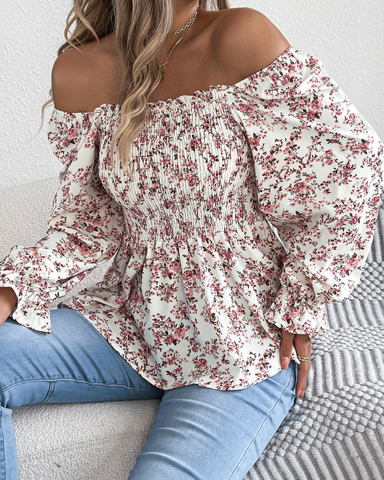 Blus Fyrkantig Hals Rynkad Blommig Ruffle