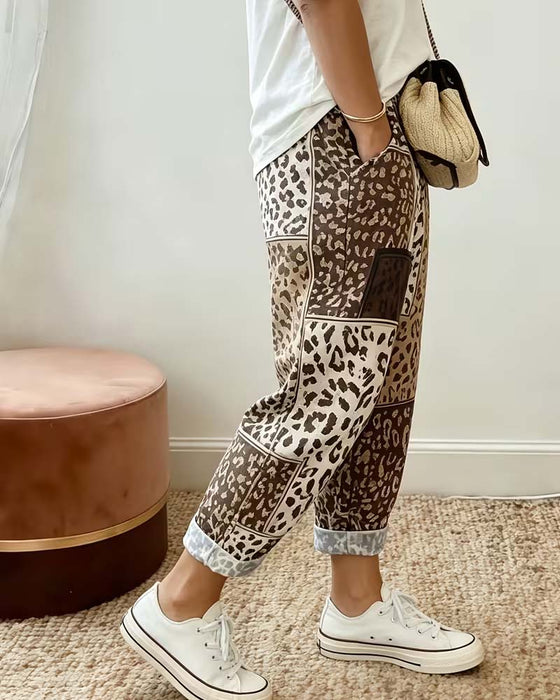 Byxor Leopard Tryck Rutig Kontrast Patchwork Avslappnad